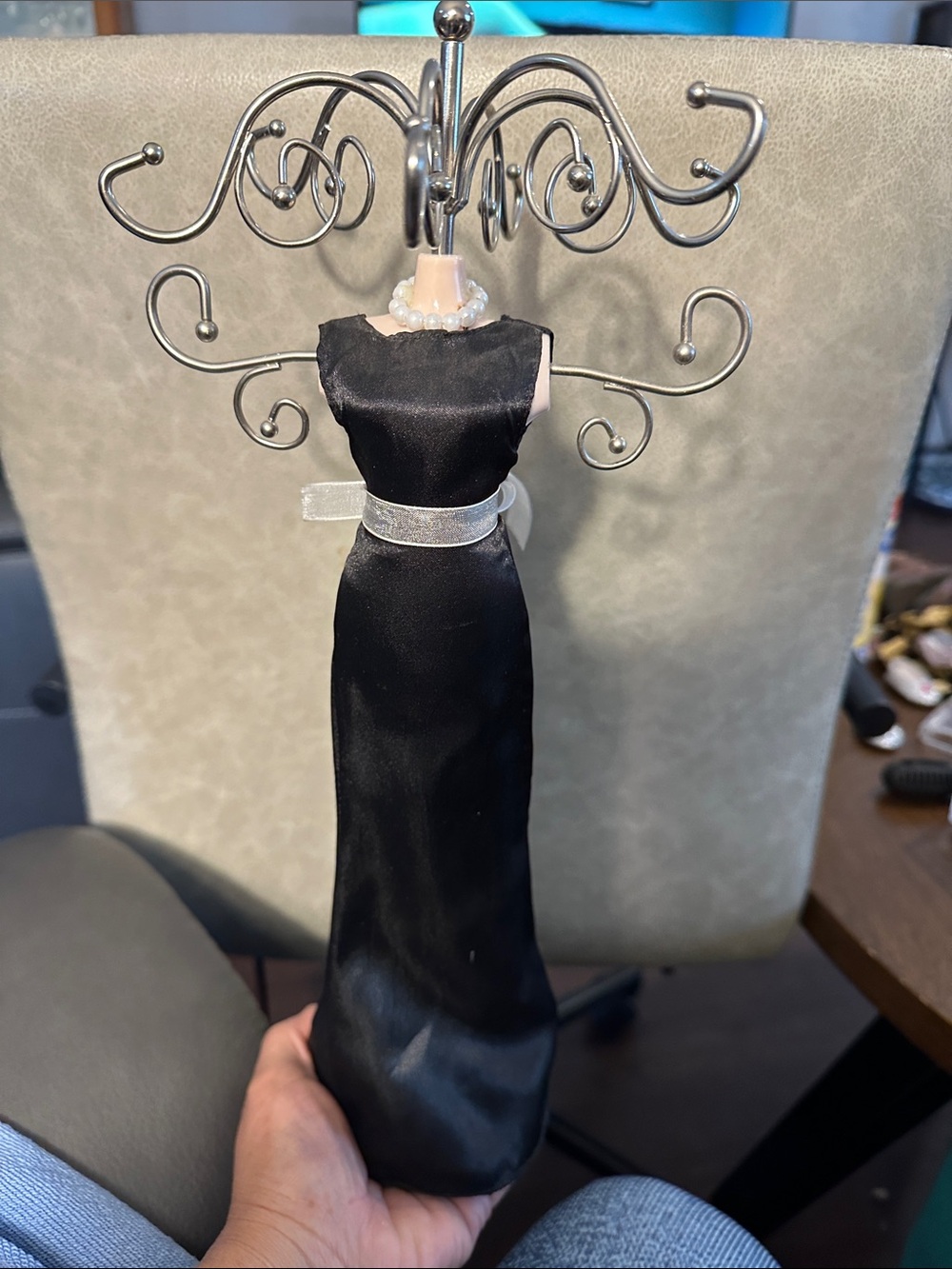 Black Satin Evening Gown Jewelry Stand with Silver Belt